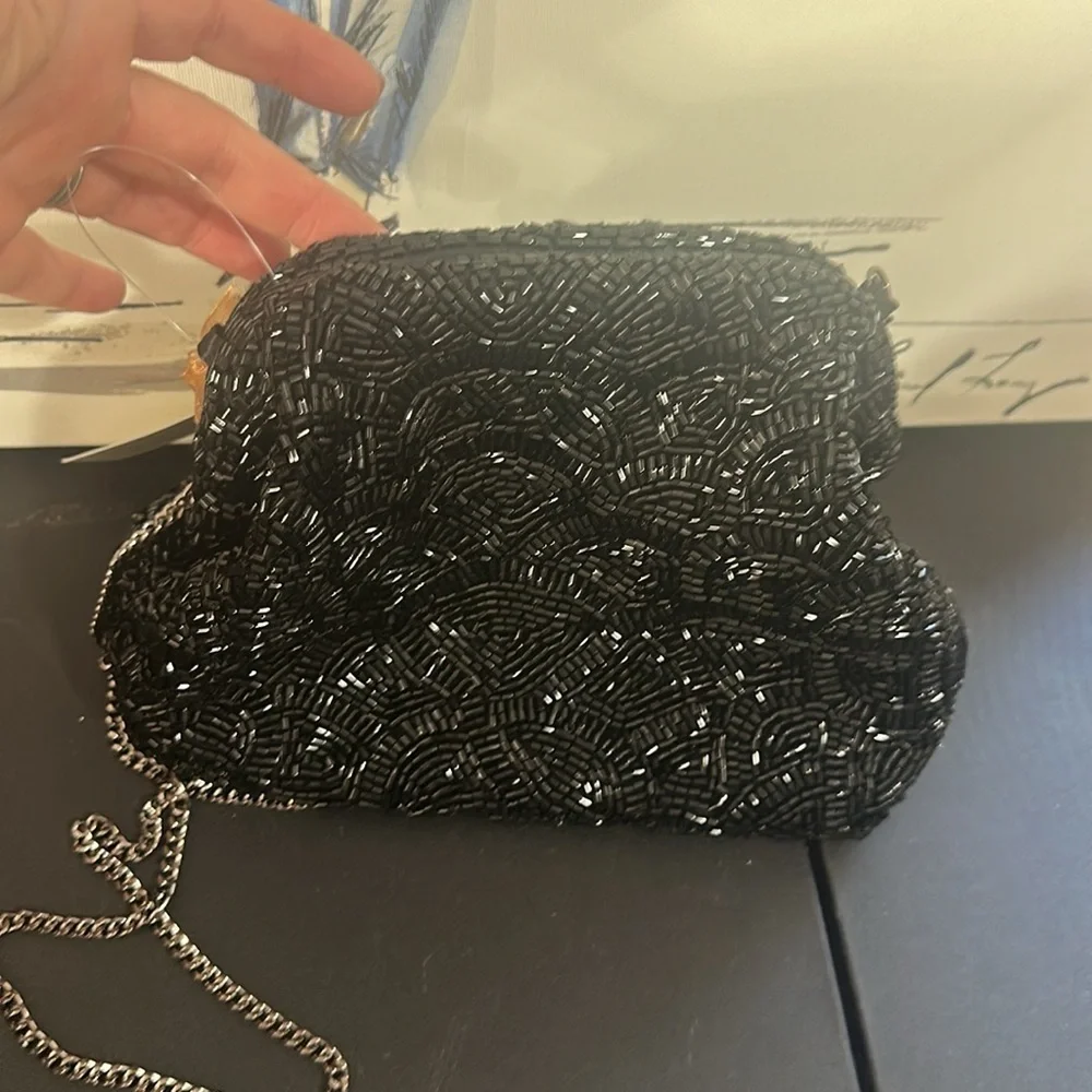 From India to you black beaded clutch with silver chain for crossbody